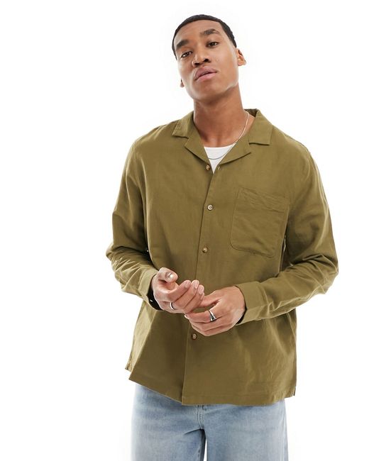 Asos Design relaxed revere shirt linen mixed with patched pocket khaki-