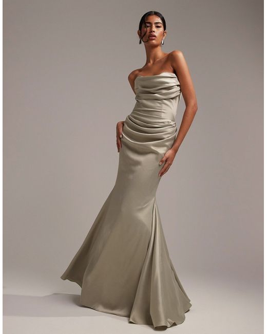 Asos Design satin bandeau bridesmaid maxi dress sage