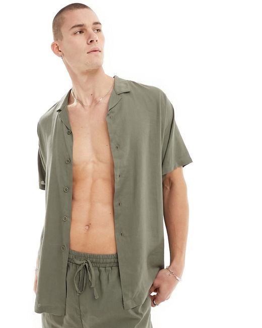 South Beach short sleeve linen blend beach shirt khaki-