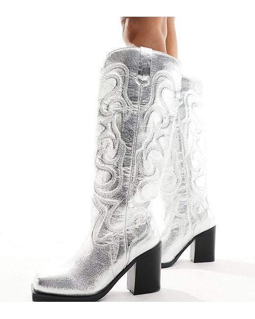 Public Desire Wide Fit knee boot with western stitching metallic
