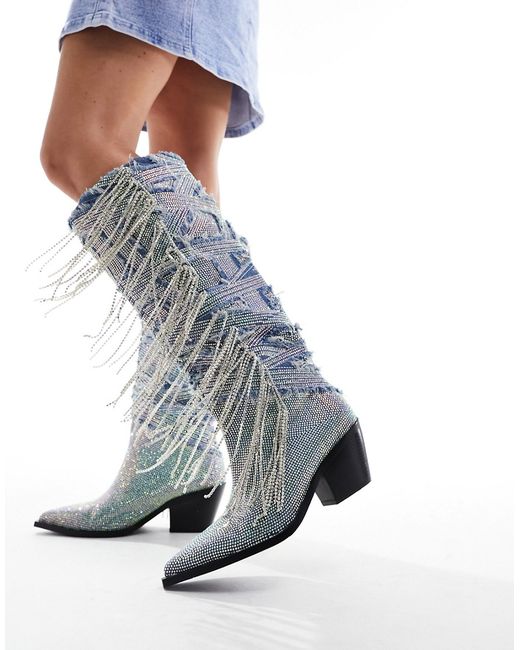 Azalea Wang Domingo western fringe embellished knee boots denim-