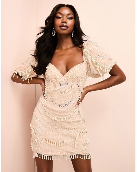ASOS Luxe encrusted mini dress with puff sleeves and faux pearl embellishment blush