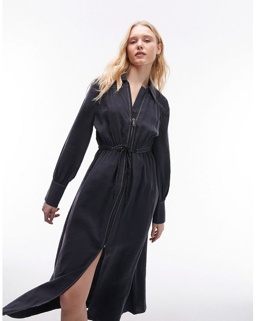 TopShop contrast stitch midi shirt dress with zip front washed