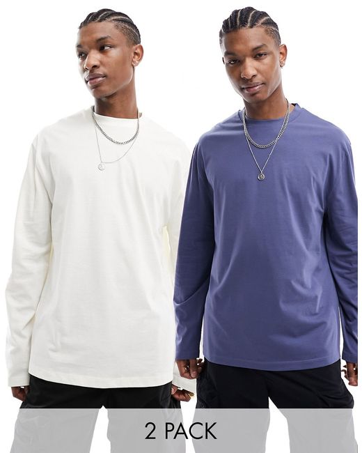 Asos Design 2 pack long sleeve T-shirt with crew neck ecru and blue-