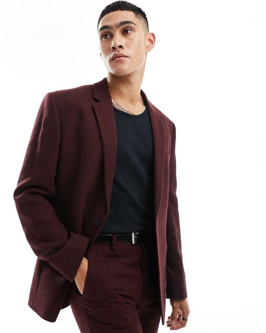 Asos Design slim fit wool mix suit jacket burgundy twill-