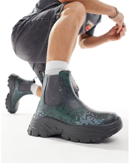Asos Design chunky wellington boots charcoal with monogram print-