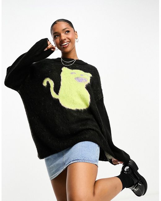 Monki oversized knitted sweater with jacquard cat placement-