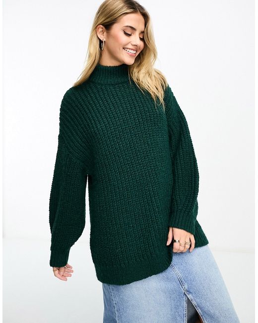Monki high neck chunky rib knitted sweater with volume sleeve dark
