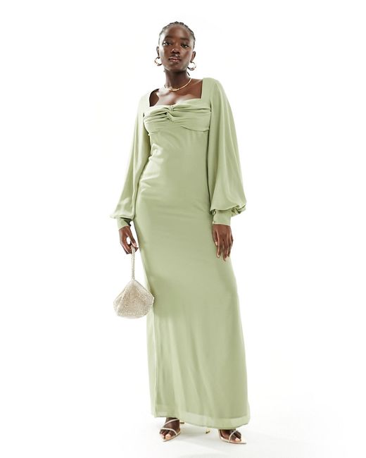 Pretty Lavish Bridesmaid balloon sleeve maxi dress olive-