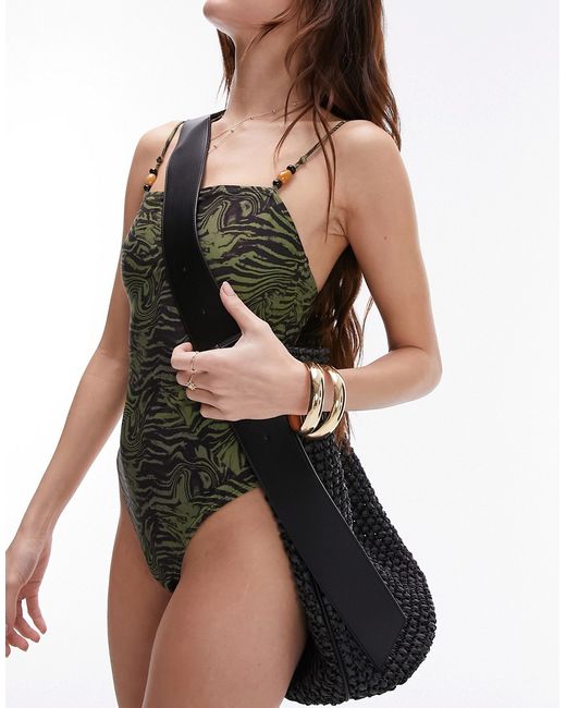 TopShop swimsuit with bead detail khaki animal print-