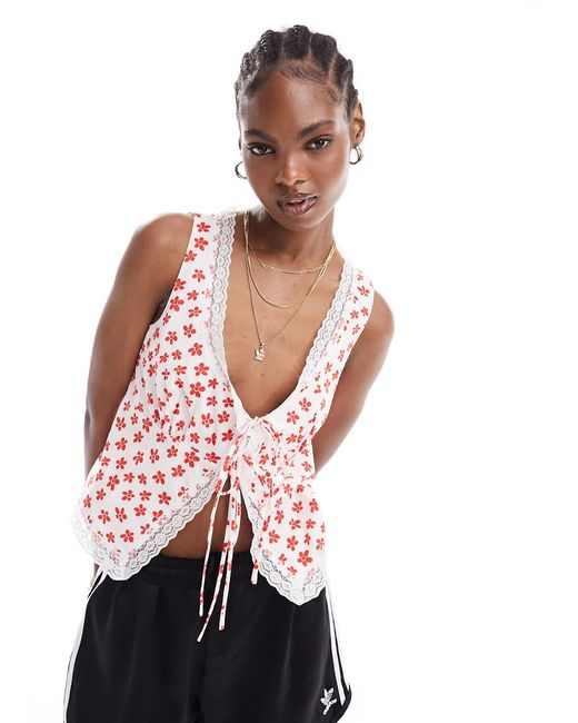 Glamorous corset detail tie front top with lace trim red daisy print-