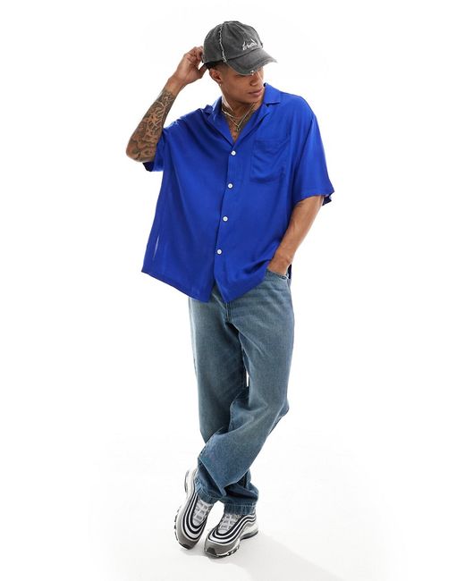 Asos Design short sleeve oversized bowling shirt cobalt