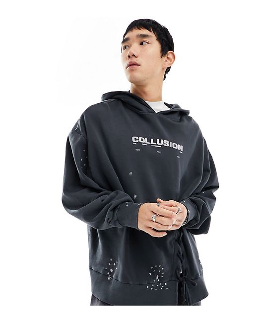 Collusion distressed hoodie washed with tie detail