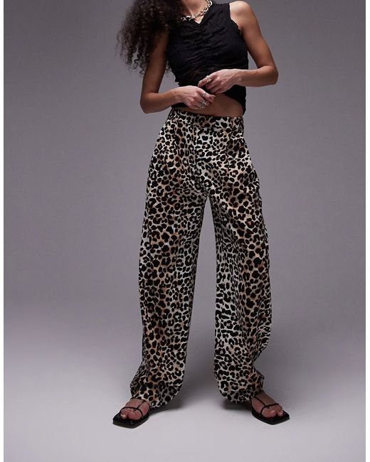 TopShop leopard print linen pleated wide leg pants