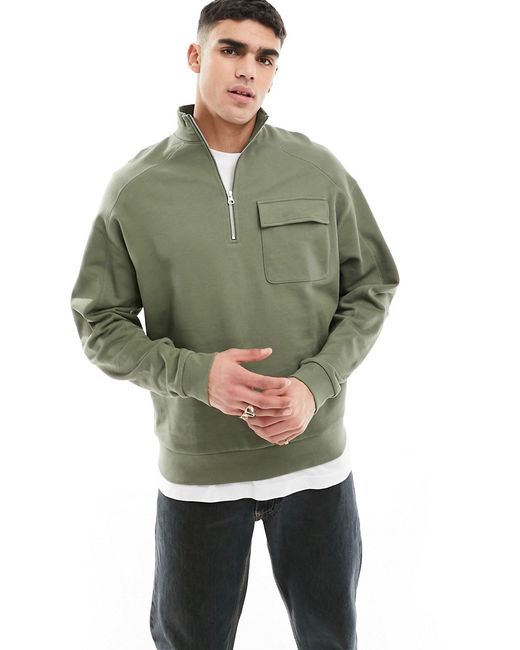Asos Design oversized half zip funnel neck sweatshirt khaki-
