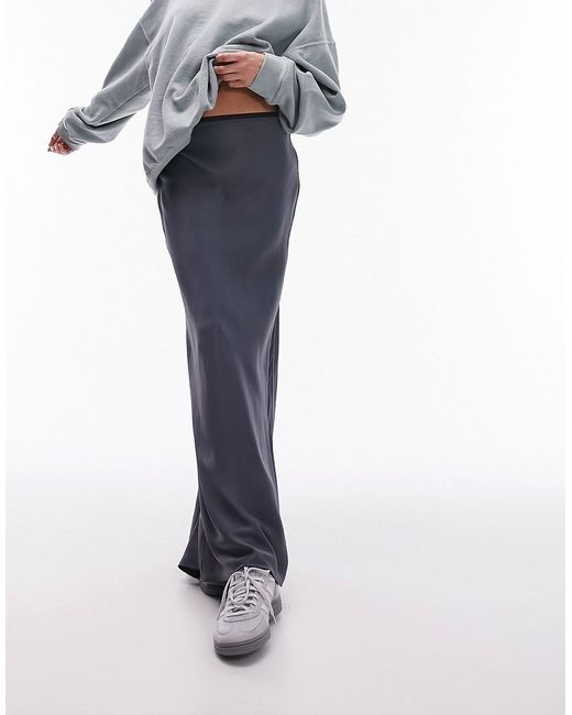 TopShop satin maxi bias skirt with elastic trim charcoal part of a set-