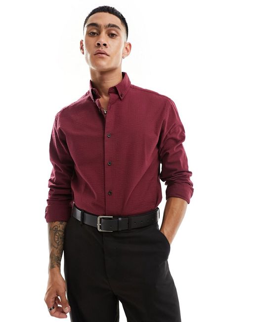 Asos Design regular seersucker shirt burgundy-