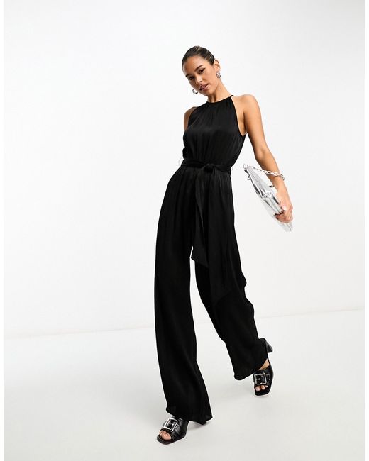 Other Stories sleeveless wide leg jumpsuit with tie detail shimmer crinkle