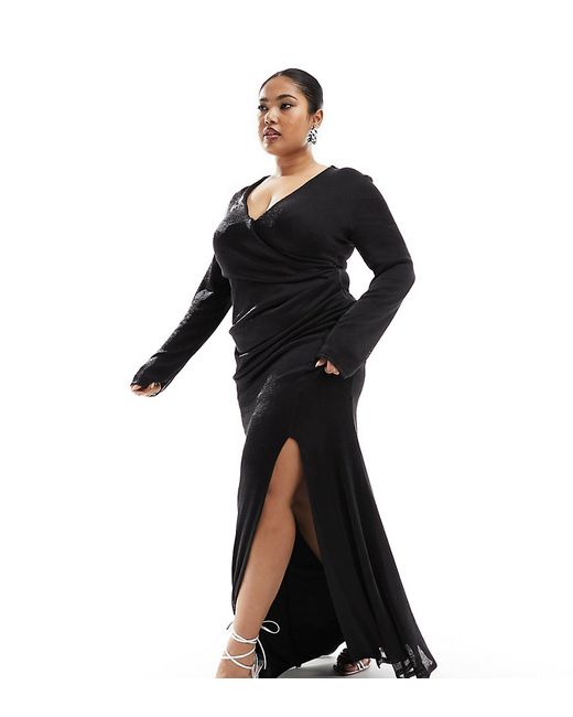ASOS Curve DESIGN Curve chainmail sheer plunge maxi dress with angel sleeves