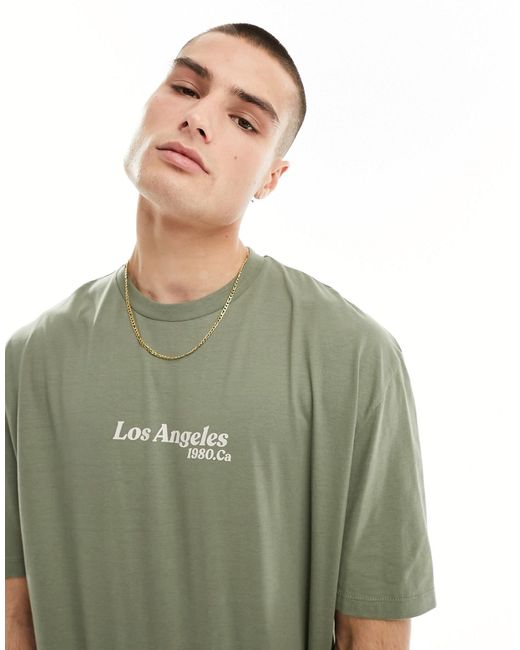 Asos Design oversized t-shirt khaki with Los Angeles chest print-