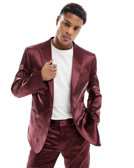 Asos Design skinny satin suit jacket burgundy-