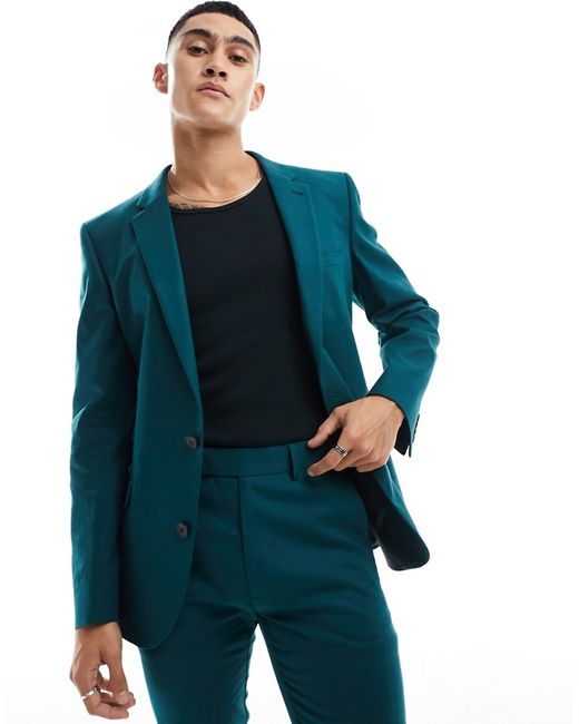 Asos Design super skinny linen mix suit jacket teal