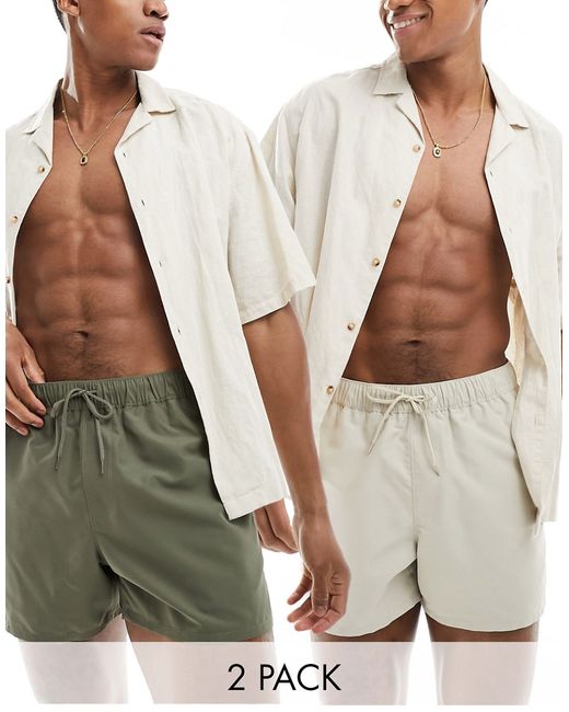 Asos Design 2 pack swim shorts short length stone/khaki-