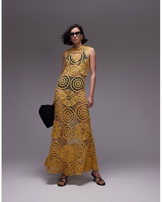 TopShop knitted crochet sleeveless maxi dress mustard-