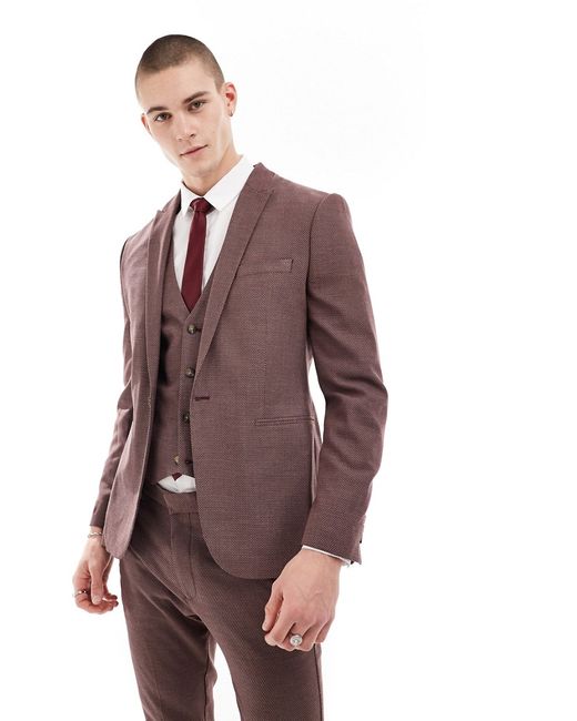 Asos Design wedding skinny suit jacket burgundy microtexture-