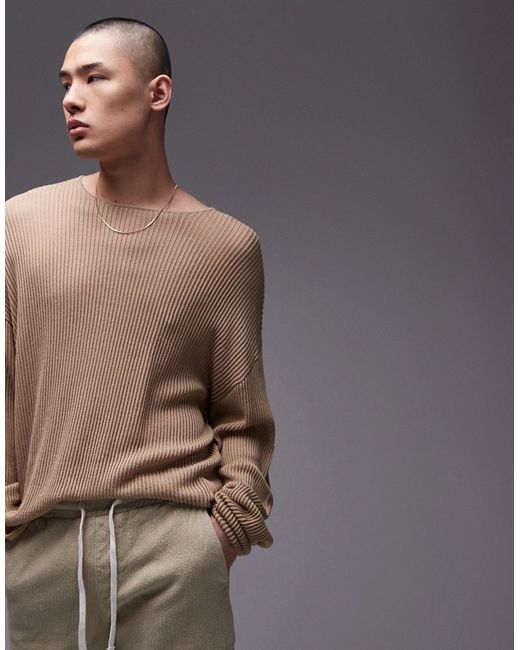 Topman relaxed long sleeve knit sweater camel-