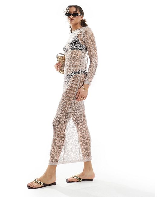 Miss Selfridge beach metallic crochet flare sleeve maxi dress with low back
