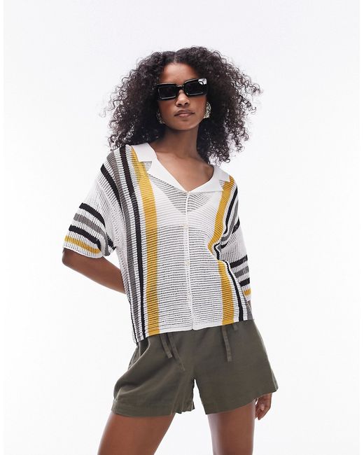 TopShop knitted open stitch stripe polo shirt