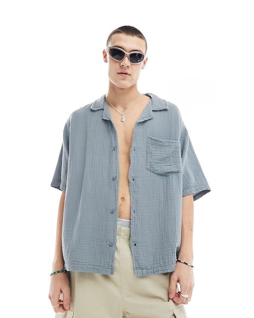 Collusion textured oversized camp collar short sleeve shirt with raw seam detail slate