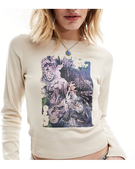 Reclaimed Vintage long sleeve T-shirt with fairy print washed stone-