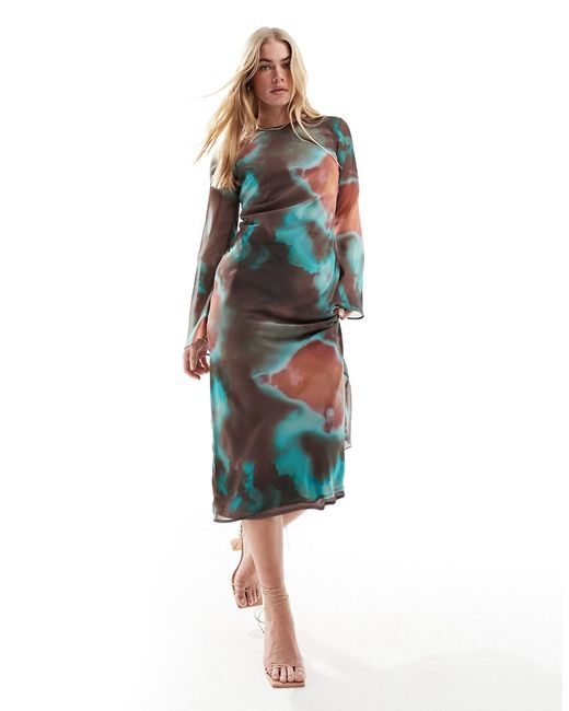 Asos Design chiffon long sleeve midi dress chocolate and green blur print-