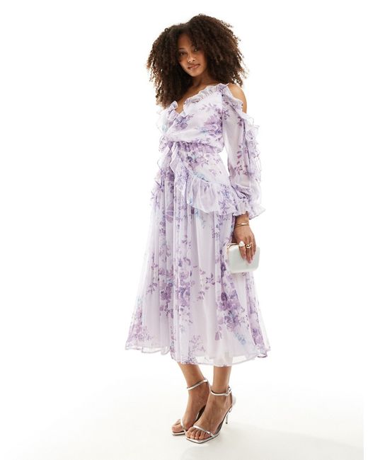 Asos Design ruffle off the shoulder midi dress lilac floral print-