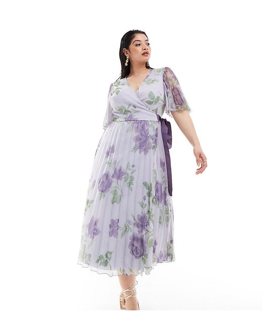 ASOS Curve DESIGN Curve exclusive pleated midi dress with kimono sleeve and tie waist lilac floral print-