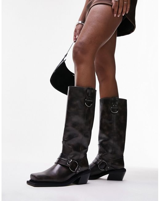 TopShop premium leather western knee boots tan-
