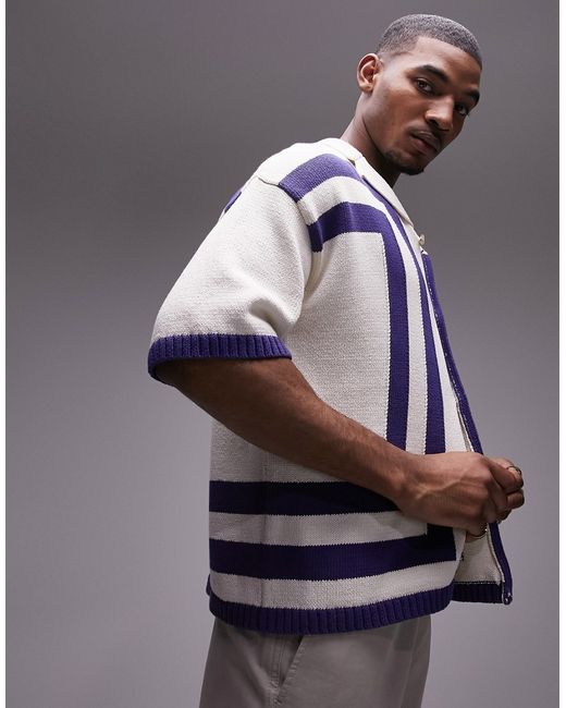Topman knit crochet vertical stripe button up shirt