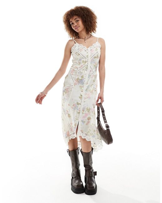 Reclaimed Vintage button front slip dress with lace floral print-