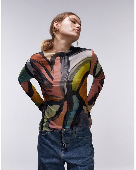 TopShop abstract art crinkle high neck long sleeve top