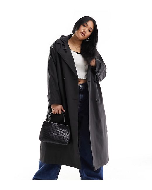 ASOS Curve DESIGN Curve rubberised rain hooded trench coat with belt detail