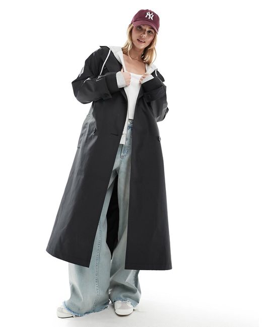 Asos Design rubberized rain hooded trench coat with belt detail