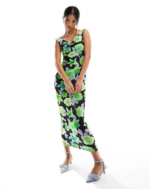 Asos Design bardot midi dress bright green floral print-