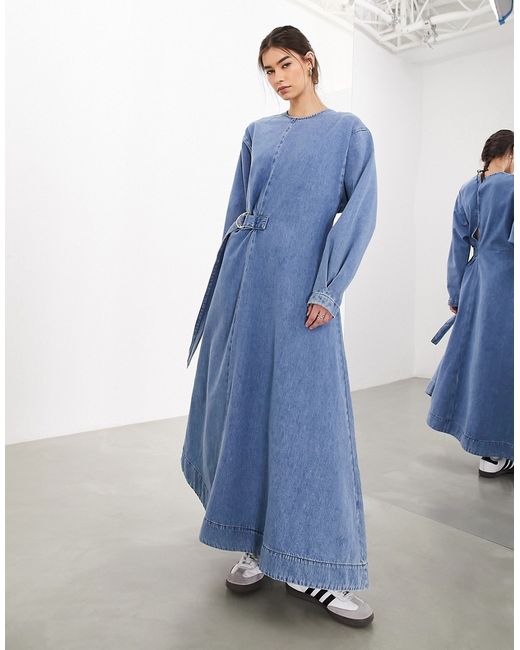 ASOS Edition denim long sleeve maxi dress with d ring mid wash