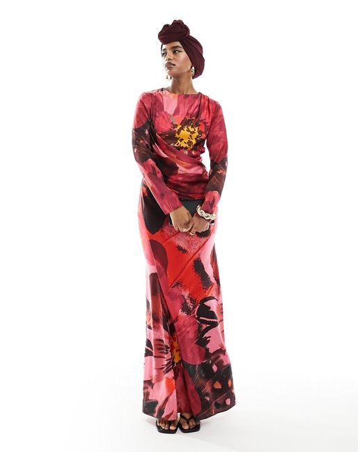 Asos Design satin drape detail maxi dress pink large floral print-