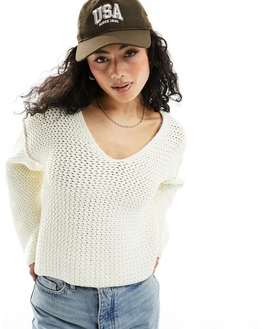 Asos Design v neck sweater textured stitch cream-