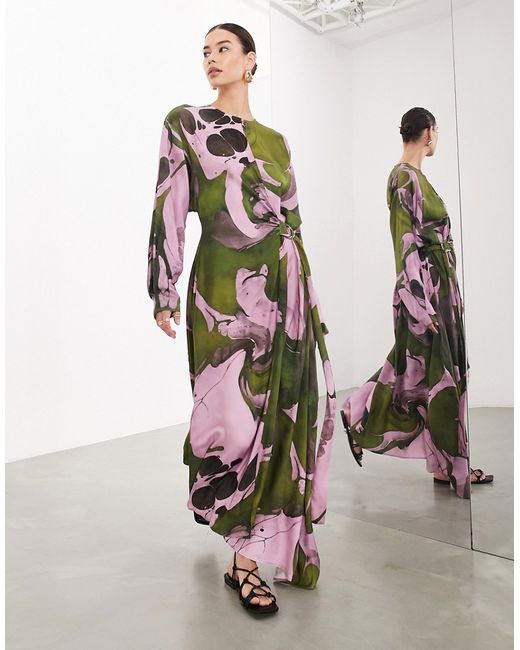 ASOS Edition long sleeve maxi dress with d ring khaki abstract print-