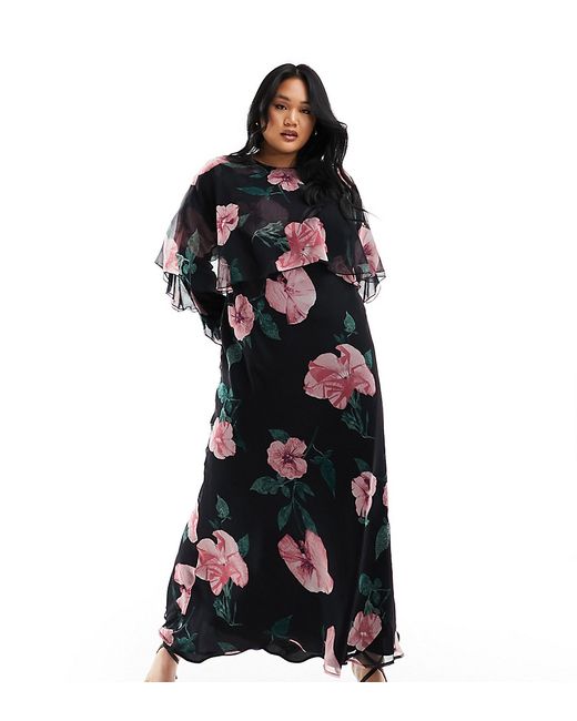 ASOS Curve DESIGN Curve long sleeve ruffle bias maxi dress with cape detail black floral print-