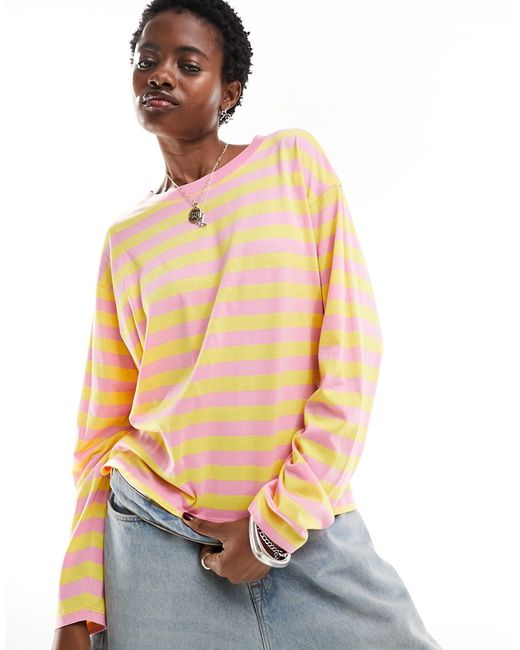 Monki oversize long sleeve top pink and yellow stripe-